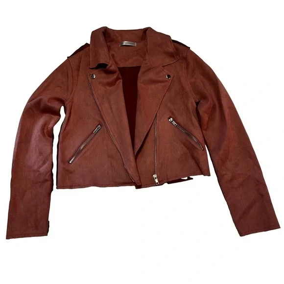 Lisa Robertson Size Small Brown Faux Suede Moto Jacket Coat Snaps Zippers NEW - Picture 15 of 15